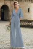 Simple Ivory V-Neck Wedding Jumpsuit with Pocket