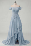 Off the Shoulder Chiffon Butter Yellow A-Line Ruffled Maxi Dress with Slit