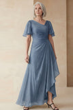 Dusty Sage A Line Ruched Mother of the Bride Dress with Short Sleeves