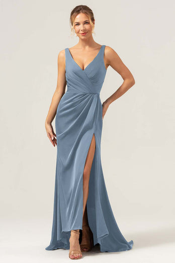 Dark Green Sheath V Neck Ruched High-Low Bridesmaid Dress with Slit