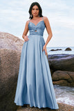 Spaghetti Straps Satin Keyhole Ink Blue Bridesmaid Dress