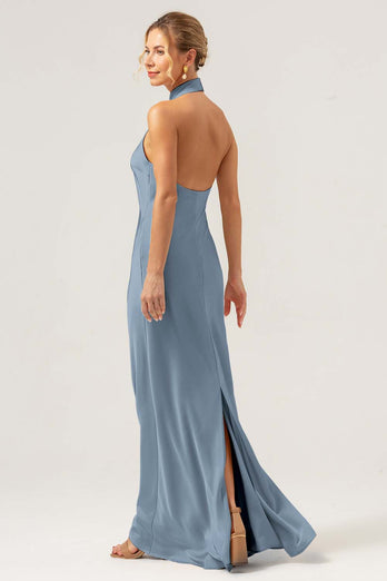 Champagne Sheath Halter Long Bridesmaid Dress With Slit