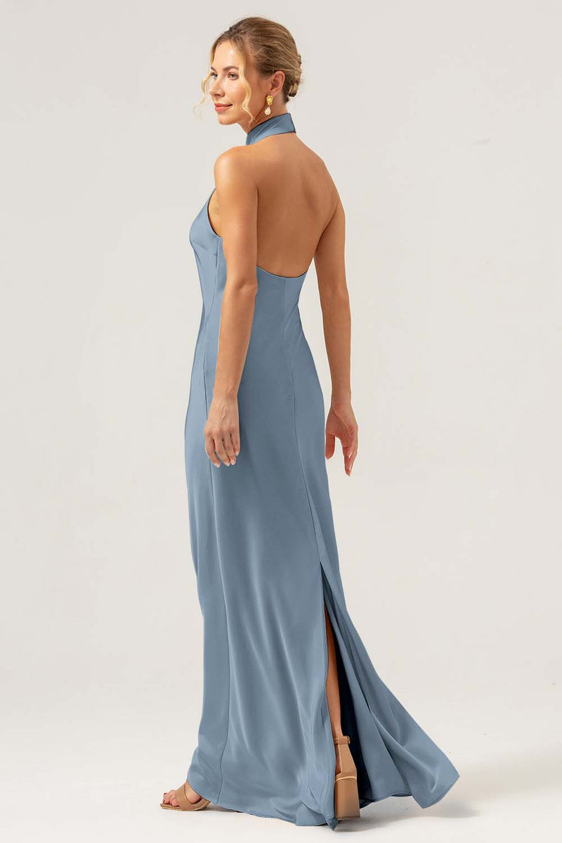 Load image into Gallery viewer, Champagne Sheath Halter Long Bridesmaid Dress With Slit