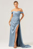 Load image into Gallery viewer, Sage Mermaid Off The Shoulder Pleated Satin Bridesmaid Dress with Slit