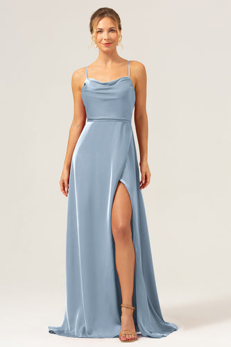 Dusty Blue A Line Spaghetti Straps Backless Satin Long Bridesmaid Dress with Slit