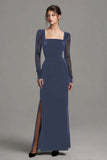 Velvet Black Long Slit Formal Dress with Long Sleeves