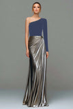 Black and Grey A-Line One Shoulder Metallic Satin Formal Dress