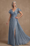 Dusty Sage A Line Flutter Sleeves Ruched Mother of the Bride Dress with Slit