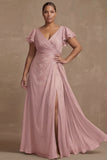 Dusty Sage Plus Size A Line Flutter Sleeves Ruched Mother Of The Bride Dress with Slit
