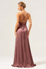 Load image into Gallery viewer, Dusty Blue A Line Spaghetti Straps Backless Satin Long Bridesmaid Dress with Slit