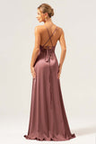 Dusty Blue A Line Spaghetti Straps Backless Satin Long Bridesmaid Dress with Slit