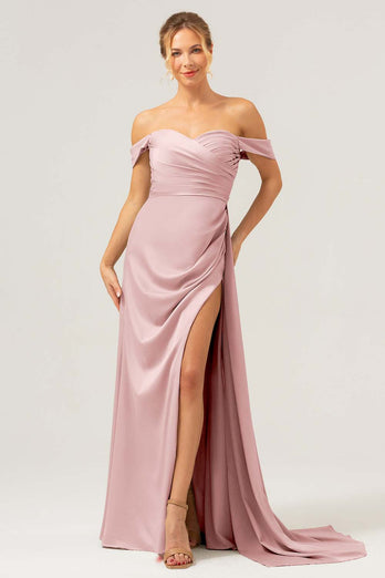 Sage Mermaid Off The Shoulder Pleated Satin Bridesmaid Dress with Slit