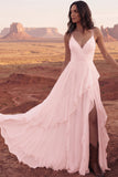 Ivory A Line Ruffled Spaghetti Straps Boho Wedding Dress with Slit