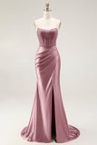 Blush Mermaid Sheer Corset Beaded Strapless Long Prom Dress With Slit