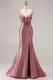 Fuchsia Mermaid Cut Out Pleated Satin Bowed Long Prom Dress with Slit
