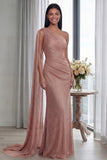 Navy One Shoulder Sheath Ruched Long Evening Dress with Side Cape