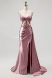 Champagne Mermaid Sheer Corset Beaded Side Streamer Long Prom Dress with Slit
