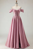 Off The Shoulder Beaded A Line Purple Corset Long Prom Dress with Slit
