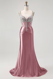 Mermaid Spaghetti Straps Corset Blush Long Prom Dress with Rhinestones