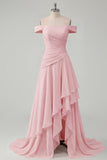 Off the Shoulder Chiffon Butter Yellow A-Line Ruffled Maxi Dress with Slit