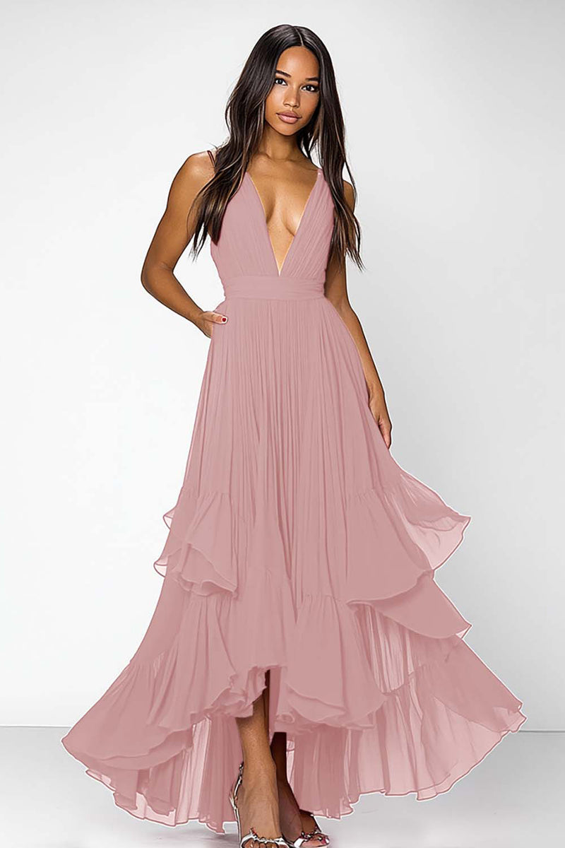 Load image into Gallery viewer, Red Deep V Neck Ruched Ruffles A Line Formal Dress