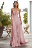 Pink A Line Pleated Long Wedding Guest Dress