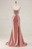 Pink Mermaid Spaghetti Straps Beaded Corset Long Plus Size Prom Dress with Slit