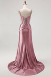 Mermaid Spaghetti Straps Corset Blush Long Prom Dress with Rhinestones