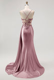 Champagne Mermaid Sheer Corset Beaded Side Streamer Long Prom Dress with Slit