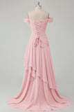 Off the Shoulder Chiffon Butter Yellow A-Line Ruffled Maxi Dress with Slit