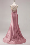 Fuchsia Mermaid Cut Out Pleated Satin Bowed Long Prom Dress with Slit