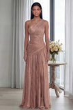 Golden Pleated A Line One Shoulder Long Evening Dress with Slit