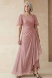 Dusty Sage A Line Ruched Mother of the Bride Dress with Short Sleeves