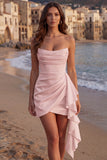 Ivory Strapless Bodycon Ruched Mini Graduation Dress with Ruffles