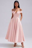 Off the Shoulder Yellow A-Line Ruched Maxi Dress with Pockets
