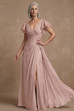 Dusty Sage A Line Flutter Sleeves Ruched Mother of the Bride Dress with Slit
