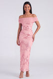 Off the Shoulder Yellow Sheath Embroidered Maxi Floral Dress with Slit