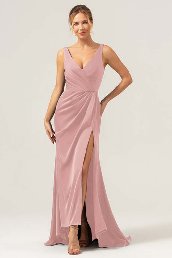 Dark Green Sheath V Neck Ruched High-Low Bridesmaid Dress with Slit