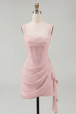 Ivory Corset Square Neck Ruched Bodycon Mini Graduation Dress with Ruffles