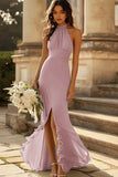 Halter Dusty Sage Mermaid Ruffles Chiffon Bridesmaid Dress