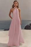 White Sheath Halter Chiffon Long Graduation Dress