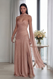 Strapless Dusty Sage Pleated A Line Streamer Long Evening Dress with Slit