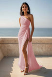 One Shoulder Ruched Ivory Maxi Sheath Beach Engagement Dress with Slit