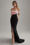 Matte Satin Sheath Off the Shoulder Black Tie Dress