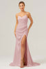 Load image into Gallery viewer, Ivory Sheath Spaghetti Straps Ruched Long Satin Bridesmaid Dress With Slit