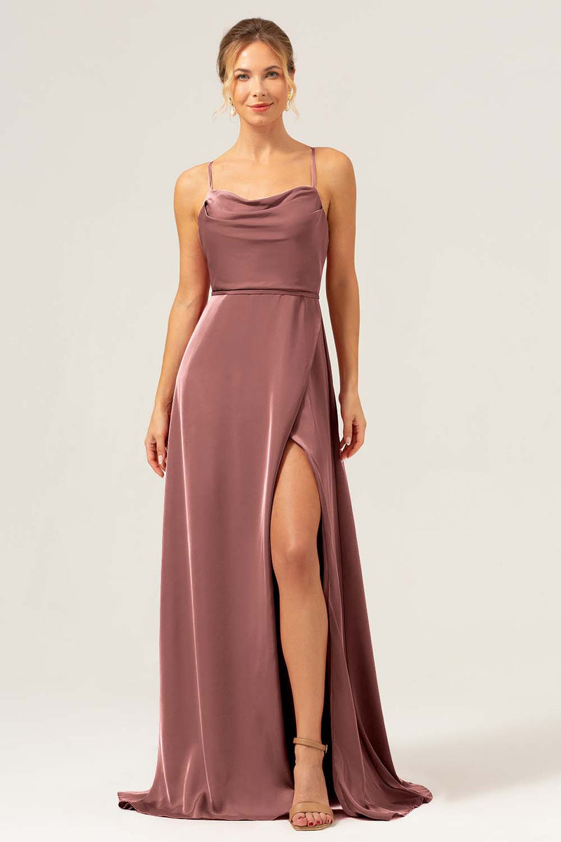 Load image into Gallery viewer, Dusty Blue A Line Spaghetti Straps Backless Satin Long Bridesmaid Dress with Slit