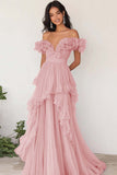 Lilac Ruffled Off the Shoulder A Line Pleated Prom Dress