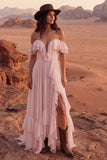 Ivory Off the Shoulder A Line Maxi Beach Wedding Dress with Ruffles