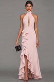 Black Halter Neck Sheath Ruffled Cut Out Long Evening Dress with Slit