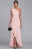 One Shoulder Black Sheath Long Evening Dress with Ruffle Slit